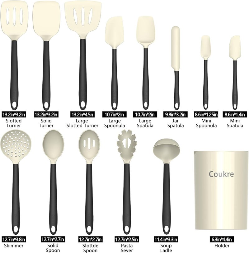 Coukre Silicone Kitchen Cooking Utensils Set with Holder – Heat-Resistant, Food-Grade Kitchen Tools, Spatula, Spoon & Gadgets for Non-Stick Pans, Dishwasher Safe (14, Beige) - Image 2