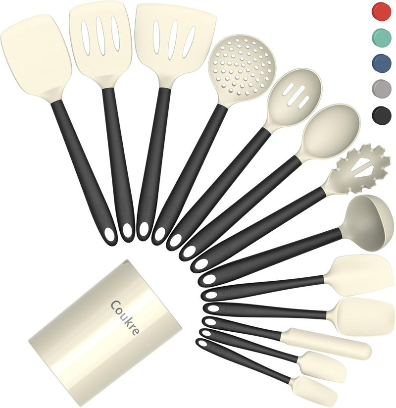 Coukre Silicone Kitchen Cooking Utensils Set with Holder – Heat-Resistant, Food-Grade Kitchen Tools, Spatula, Spoon & Gadgets for Non-Stick Pans, Dishwasher Safe (14, Beige) - Image 1