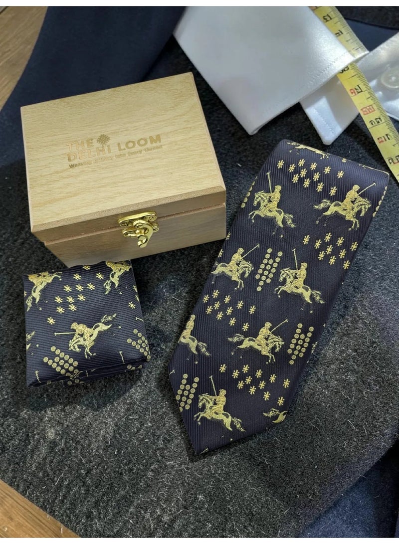 THE DELHI LOOM Store Men’s Black Gold Polo Rider Pattern Neck Tie Set With Gift Box - Image 4