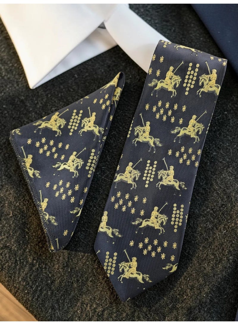 THE DELHI LOOM Store Men’s Black Gold Polo Rider Pattern Neck Tie Set With Gift Box - Image 1