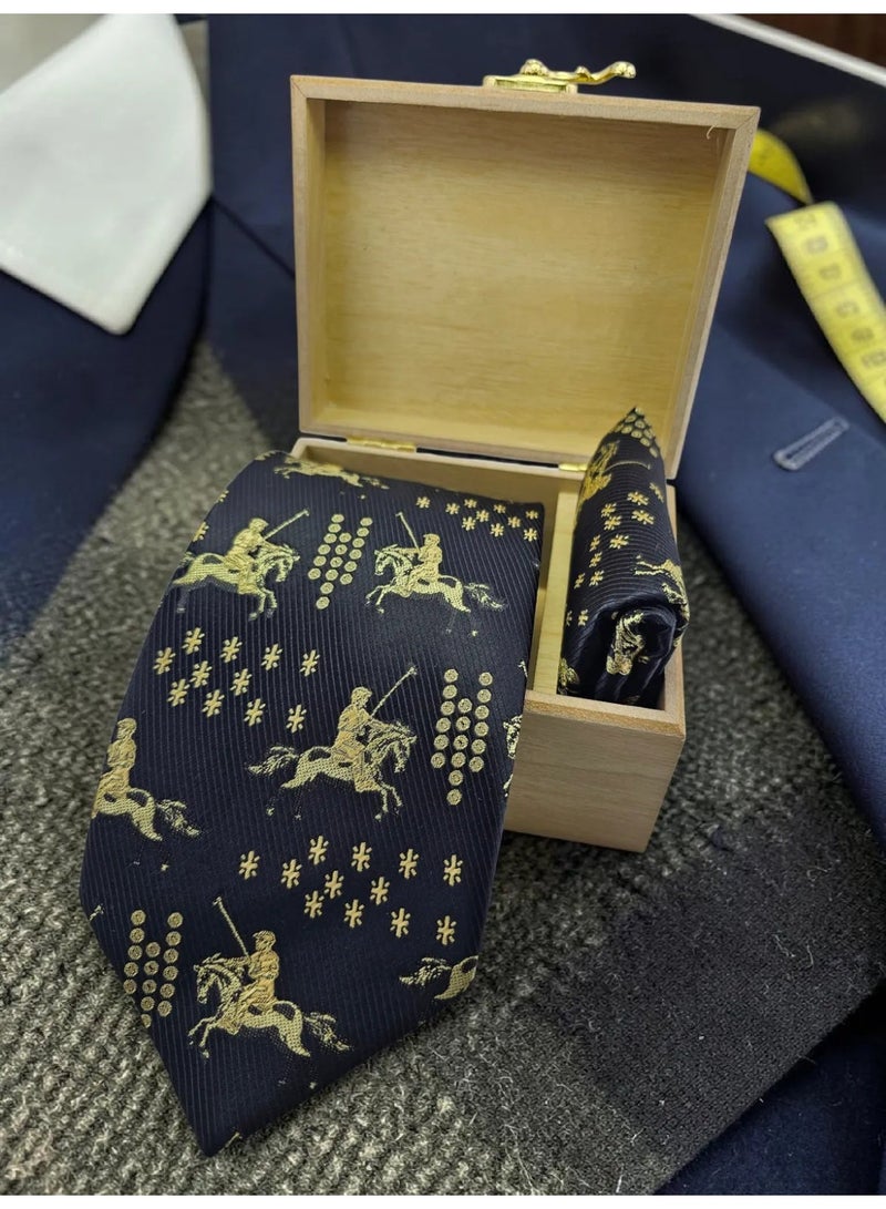 THE DELHI LOOM Store Men’s Black Gold Polo Rider Pattern Neck Tie Set With Gift Box - Image 5