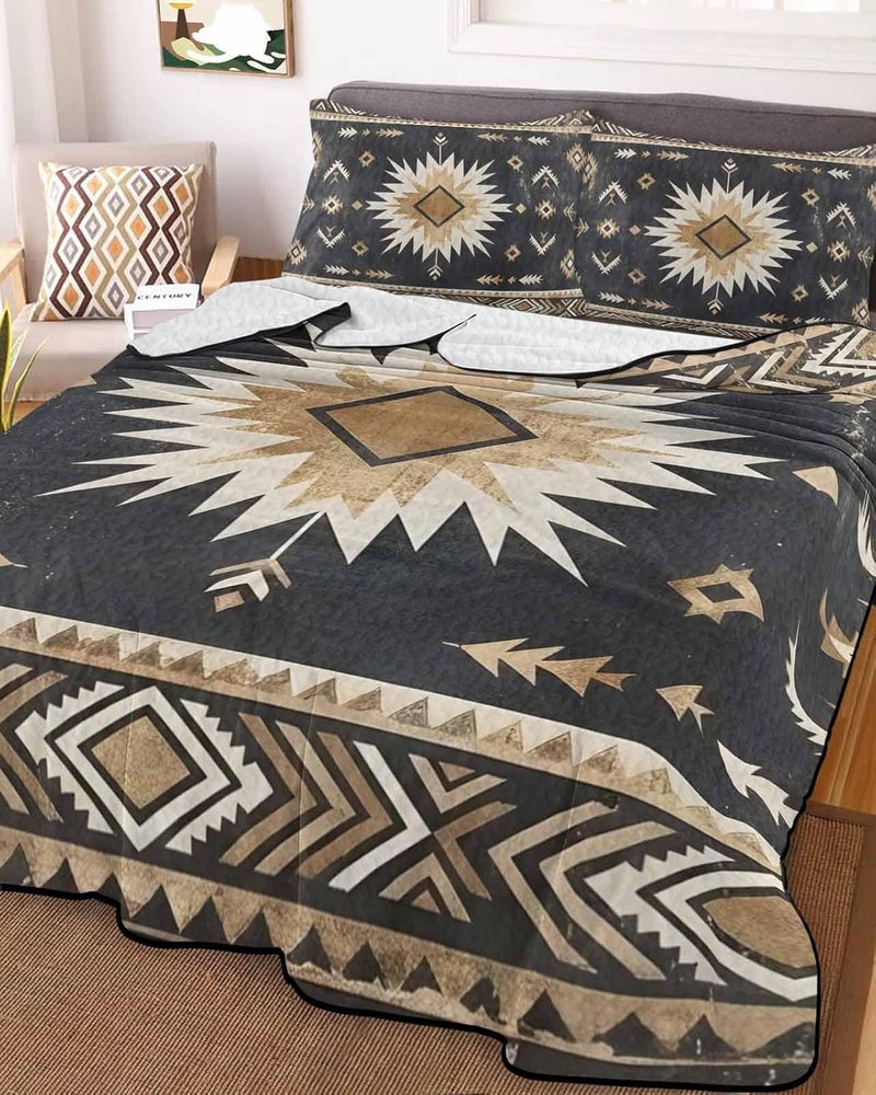 Quilts Twin Size Bedding Set, Brown Southwestern Lightweight Quilted Comforter, Vintage Traditional Tribal Ethnic Geometric Soft Bedspread Coverlet with Pillow Covers for All Season, 68" x 86" - Image 2