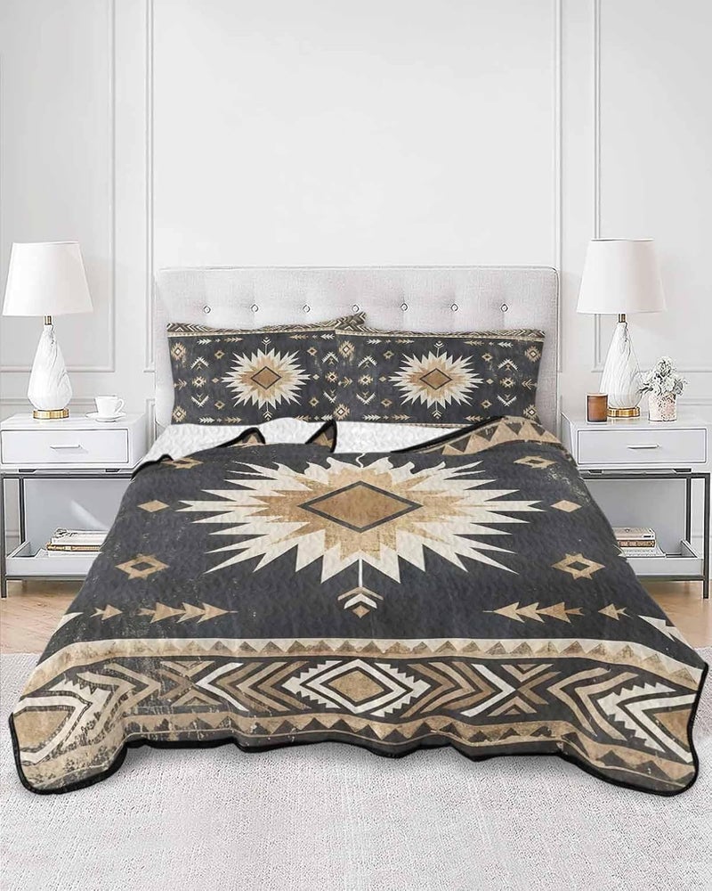 Quilts Twin Size Bedding Set, Brown Southwestern Lightweight Quilted Comforter, Vintage Traditional Tribal Ethnic Geometric Soft Bedspread Coverlet with Pillow Covers for All Season, 68" x 86" - Image 3