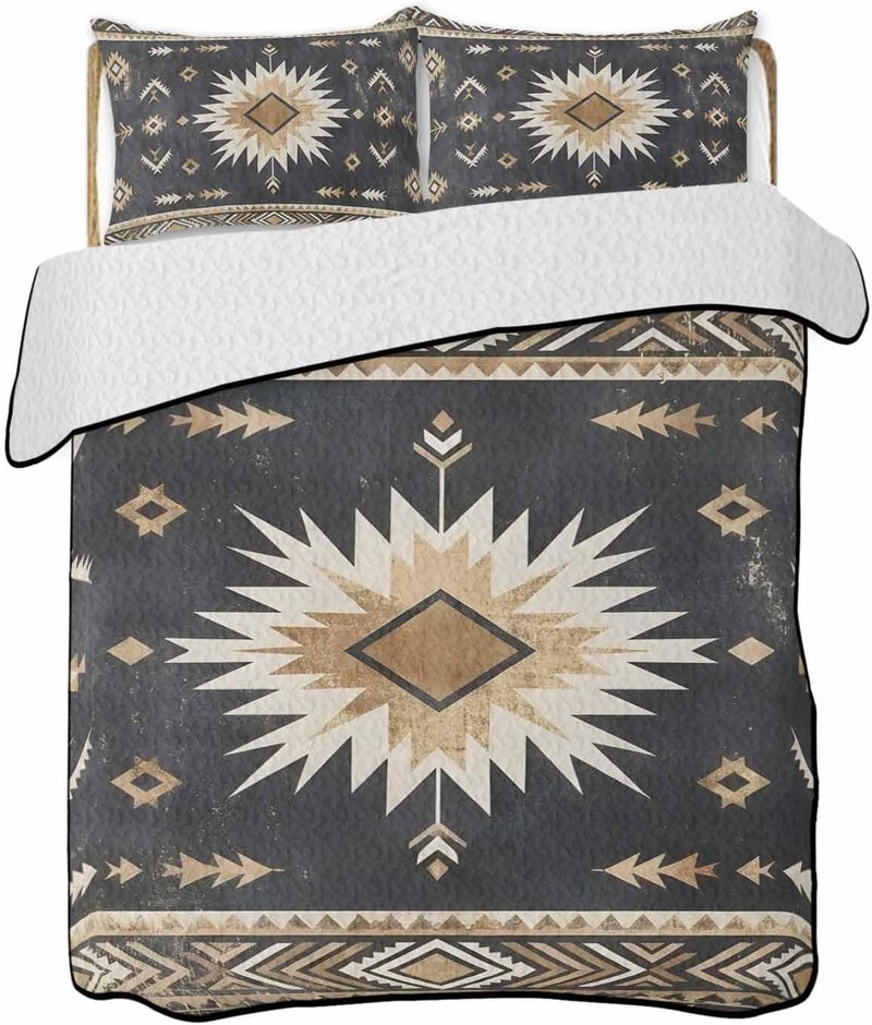 Quilts Twin Size Bedding Set, Brown Southwestern Lightweight Quilted Comforter, Vintage Traditional Tribal Ethnic Geometric Soft Bedspread Coverlet with Pillow Covers for All Season, 68" x 86" - Image 1