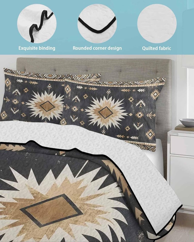 Quilts Twin Size Bedding Set, Brown Southwestern Lightweight Quilted Comforter, Vintage Traditional Tribal Ethnic Geometric Soft Bedspread Coverlet with Pillow Covers for All Season, 68" x 86" - Image 4