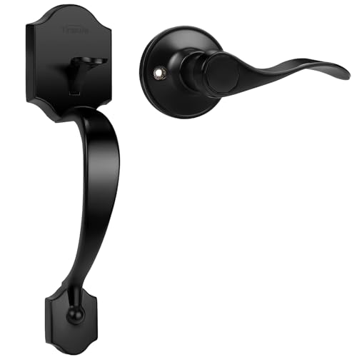 Tinewa Single Cylinder Exterior Handleset, Keyless Front Door Handle with Lever Inside, Low Profile Front Lock Handleset with Black Finish, Reversible for Right & Left Sided - Image 1