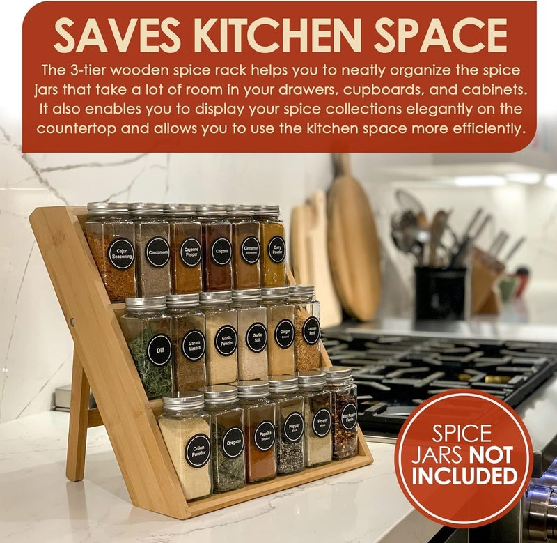 Trendy Trays Wooden Spice Rack Organizer, 3-Tier Shelf for Countertop, Drawer & Cabinet, Wooden Spice Rack Storage to Maximize Kitchen Space, No Bottles Included - Image 4