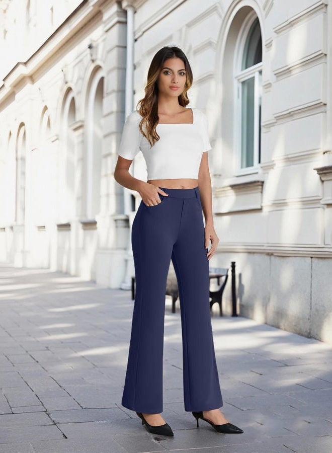 DLOODA Dress Work Pants Women Business Casual Slack Trousers Stretchy Pull On Office Flare Pants with Pockets, Navy Blue, M - Image 3