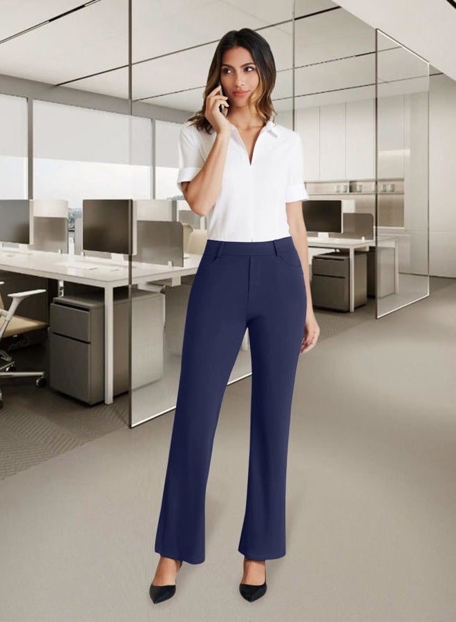 DLOODA Dress Work Pants Women Business Casual Slack Trousers Stretchy Pull On Office Flare Pants with Pockets, Navy Blue, M - Image 2