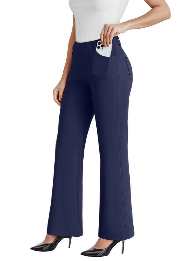 DLOODA Dress Work Pants Women Business Casual Slack Trousers Stretchy Pull On Office Flare Pants with Pockets, Navy Blue, M - Image 1