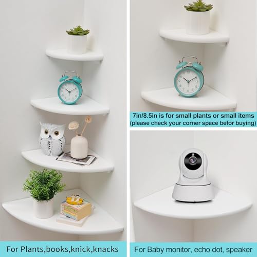 Conamily Corner Shelf, White Solid Oak Wood Floating Corner Shelves Wall Mount Round End Floating Speaker Rack Display Shelf for Small Plant Photo Frame (White, 7in) - Image 2
