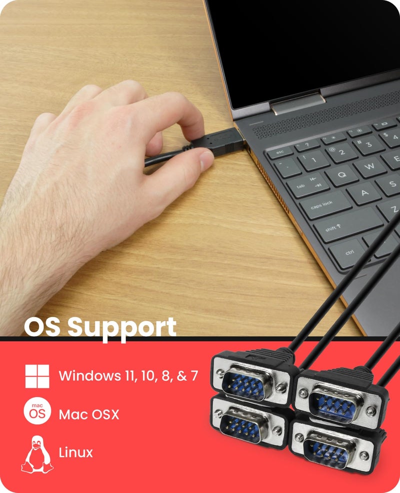 Gearmo 4 Port USB to Serial RS232 Adapter FTDI Chipset, Supports Win 11, 10, 8, 7, Linux, Mac w/ESD and Surge Protection - Image 5