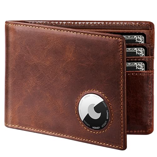 LORZOR AirTag Wallet- Bifold Full Grain Leather AirTag Wallet for Men, Minimalist Front Pocket Wallet with Airtag Holder, RFID Blocking, 12 Card Capacity Gift for Men(Vintage Brown) - Image 1