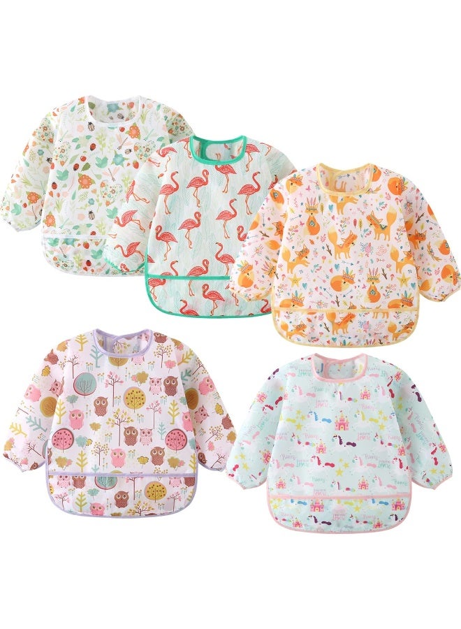 ElecMotive ElecMotive 5 Pack Long Sleeve Bib, Baby Toddler Waterproof Sleeved Bib for 6-30 Months Reusable with Catch-all Pocket  - Image 1