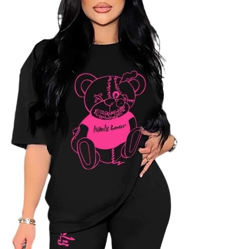 تي شيرت صيفي نسائي مطبوع برسوم كرتونية من أوروبا وأمريكا بأكمام قصيرة باللون الأسود