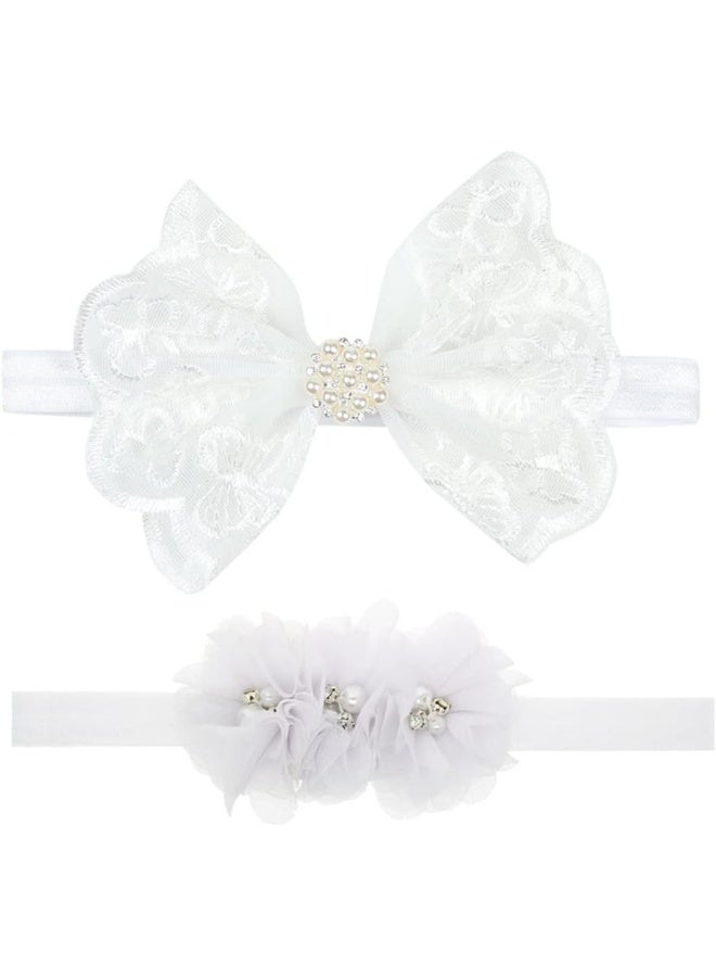 Nishine Nishine 2 Pack Baptism White Newborn Bowknot Headbands Baby Christening Hair Bows Headwrap Toddler Hairband (Pearl Button)  - Image 1