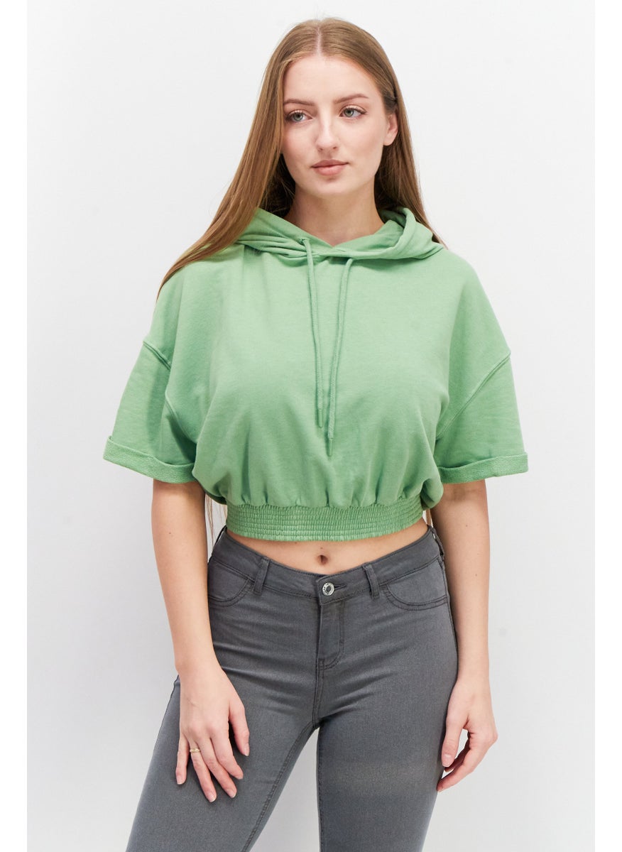 Don't Call Me Jennyfer - Women Drawstring Plain Short Sleeve Hooded Top, Green - Image 1