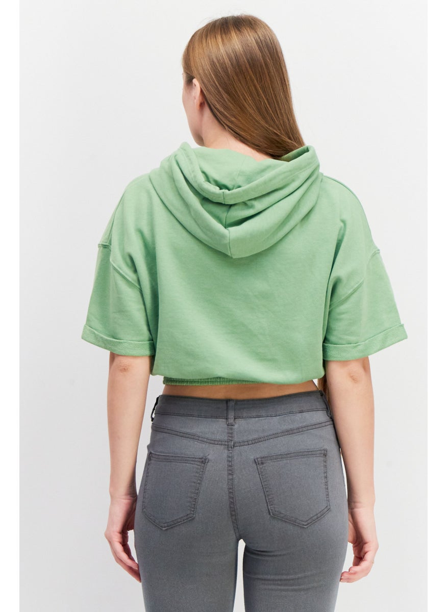 Don't Call Me Jennyfer - Women Drawstring Plain Short Sleeve Hooded Top, Green - Image 1