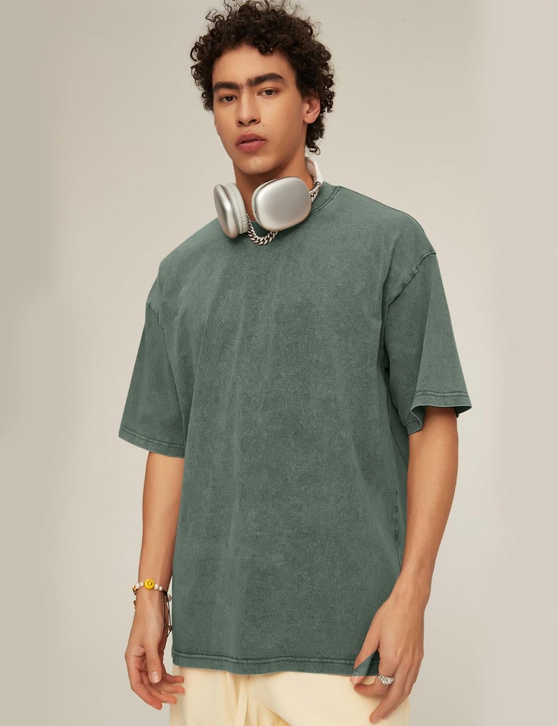 Flygo 3 Pack Men Oversized T Shirts Acid Washed Unisex Tee Loose Fit Short Sleeve Casual Streetwear Baggy Basic Tops(Black+Grey+ArmyGreen XL) - Image 5