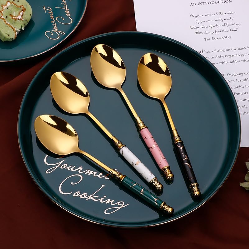 Silverware Set 4 Pcs Ceramic Handle Stainless Steel Cutlery Creative Marble Crack Emerald Steak Knife Fork Spoon Dessert(Pink) - Image 5