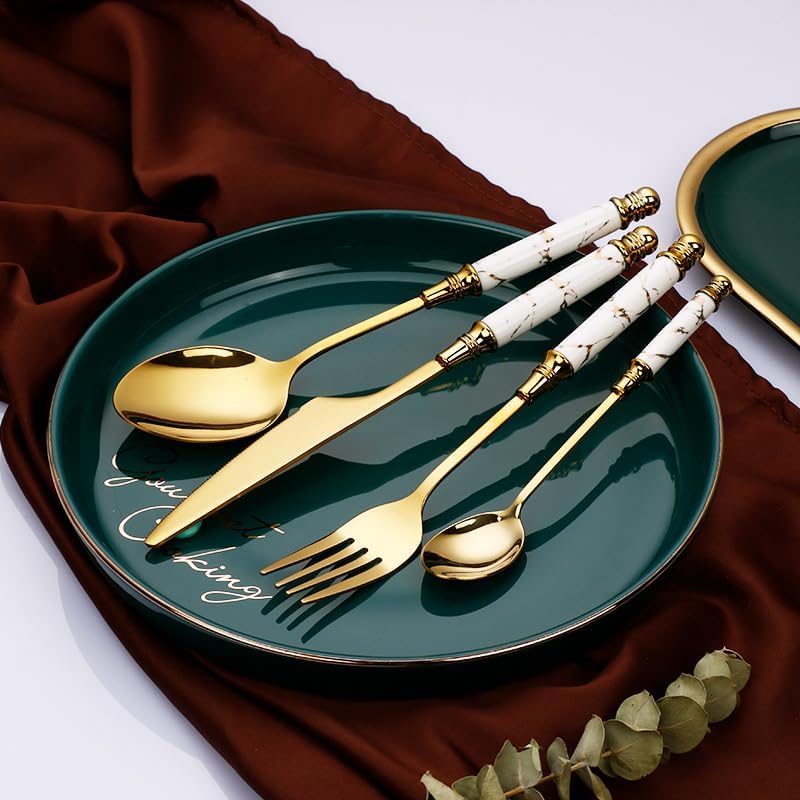 Silverware Set 4 Pcs Ceramic Handle Stainless Steel Cutlery Creative Marble Crack Emerald Steak Knife Fork Spoon Dessert(Pink) - Image 3