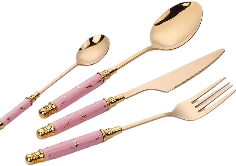 Silverware Set 4 Pcs Ceramic Handle Stainless Steel Cutlery Creative Marble Crack Emerald Steak Knife Fork Spoon Dessert(Pink) - Image 1