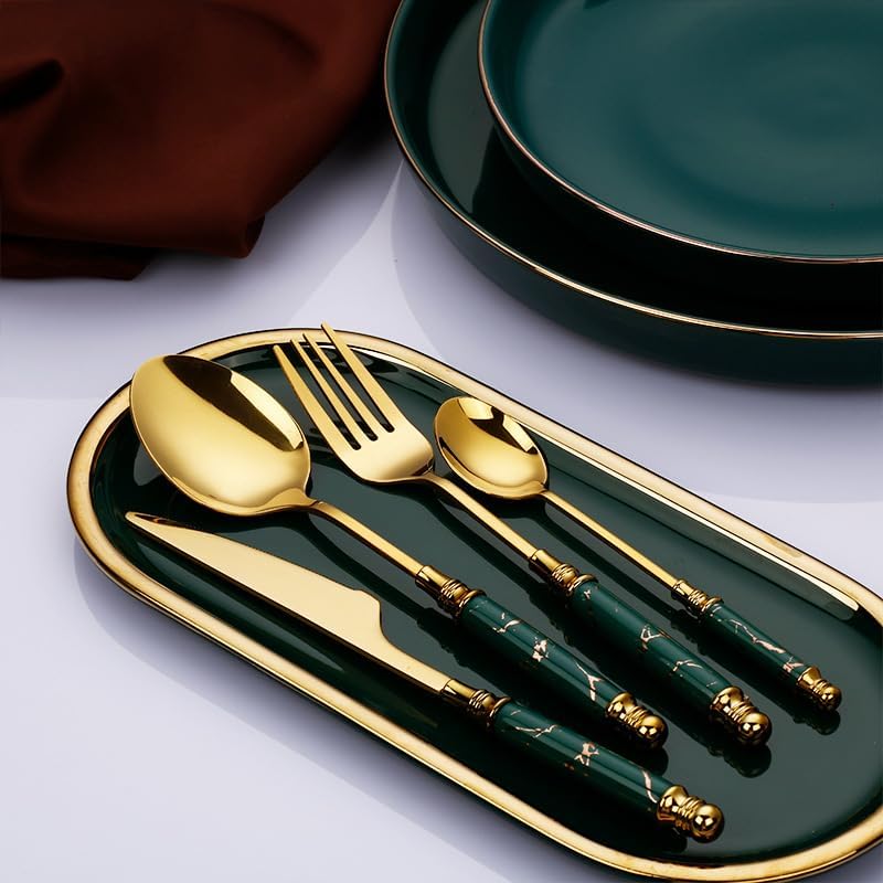 Silverware Set 4 Pcs Ceramic Handle Stainless Steel Cutlery Creative Marble Crack Emerald Steak Knife Fork Spoon Dessert(Pink) - Image 4