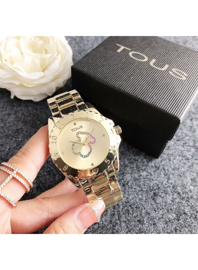 TOUS Colorful Crystal Bear Watch - Gold Strap Stylish Ladies Wristwatch