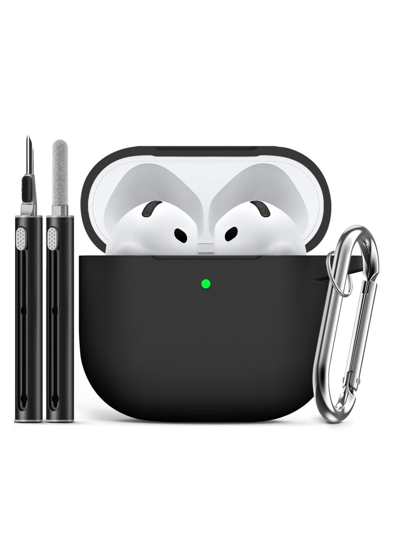 Alyashmac Soft Silicone Protective Case Cover for AirPods 4 with Cleaner Kit and Keychain(Black) - Image 1