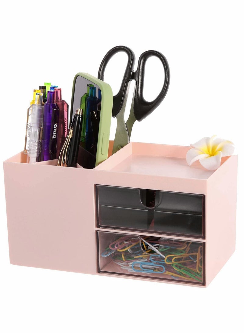 Excefore Desk Organizers, with 3 Compartments and 2 Drawer, Multi-Functional Pencil Cup， Pencil Holder for Desk ，Pen Organizer，Desktop Stationary Organizer，Office Organization and Storage (Pink)  - Image 1