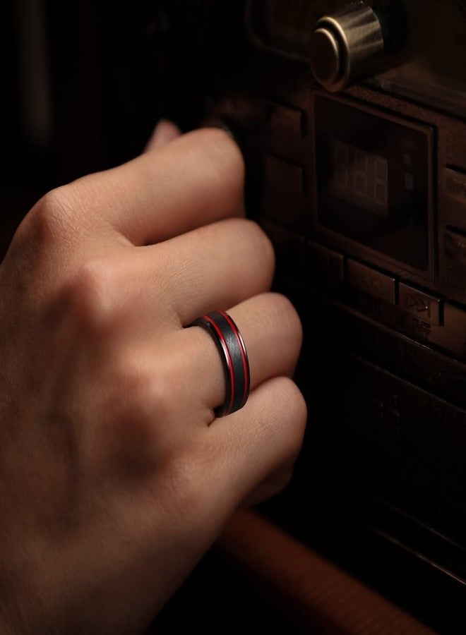 King Will 8mm Black Tungsten Rings for Men Women Mens Two Tone Wedding Band Cool Engagement Ring Two Red Centre Grooved Lines Beveled Edges Matte Brushed Comfort Fit Durable, Size 10.5 - Image 4