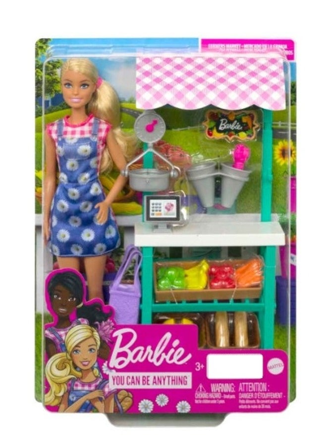 Barbie Farmers Market Playset, Doll (Blonde), Market Stand, Register, Vegetables, Bread, Flowers And More  - Image 1