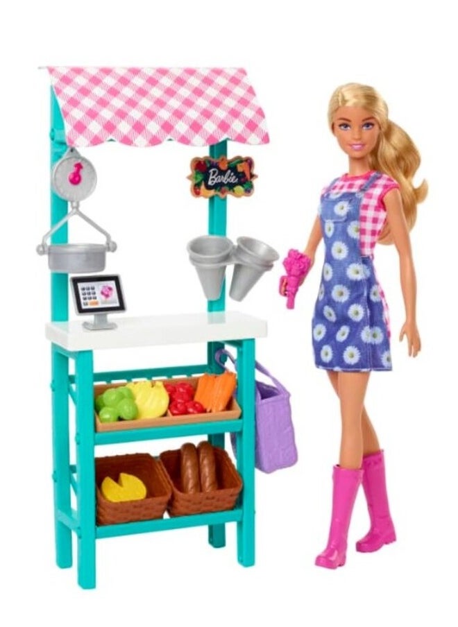 Barbie Farmers Market Playset, Doll (Blonde), Market Stand, Register, Vegetables, Bread, Flowers And More  - Image 2