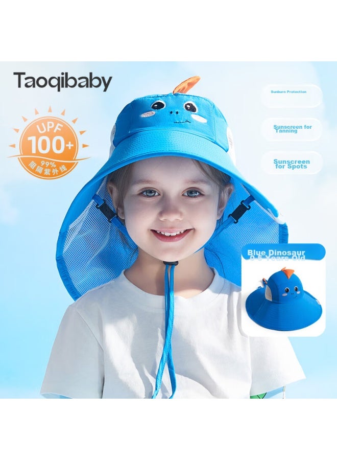 Taoqibaby Children's Sun Protection Hat With Wide Brim, Uv-resistant Beach Hat With Neck Guard, Blue Dinosaur Design, For Ages 0-5 - Image 1