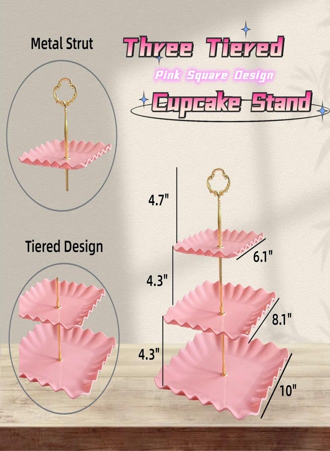 RAUVOLFIA 2 Pack of Plastic Square Dessert Cupcake Stand, 3 Tier Cup Cake Holder Tower for Tea Party/Birthday/Wedding, Plastic Tiered Serving Tray (Pink) - Image 2