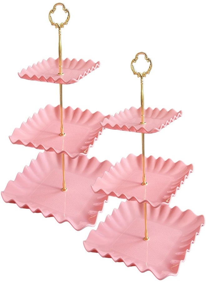 RAUVOLFIA 2 Pack of Plastic Square Dessert Cupcake Stand, 3 Tier Cup Cake Holder Tower for Tea Party/Birthday/Wedding, Plastic Tiered Serving Tray (Pink) - Image 1
