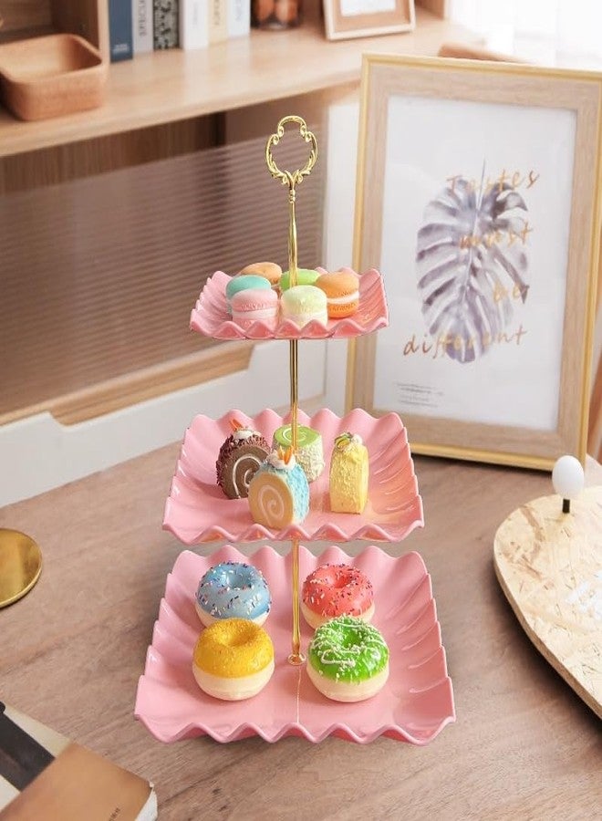 RAUVOLFIA 2 Pack of Plastic Square Dessert Cupcake Stand, 3 Tier Cup Cake Holder Tower for Tea Party/Birthday/Wedding, Plastic Tiered Serving Tray (Pink) - Image 4