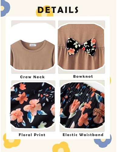 Yekaty Girls Outfits Kids Soft 2 Pcs Clothes Set Khaki Crewneck Tops With Bowknot Floral Loose High Waist Leggings Sets - Image 4