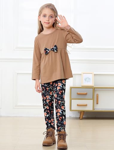 Yekaty Girls Outfits Kids Soft 2 Pcs Clothes Set Khaki Crewneck Tops With Bowknot Floral Loose High Waist Leggings Sets - Image 2
