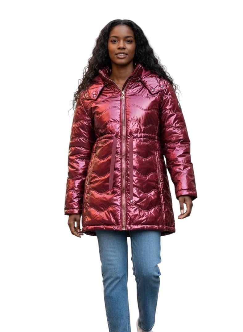 Women metallic burgundy pump bomber jacket for winter with hoodie - Image 1