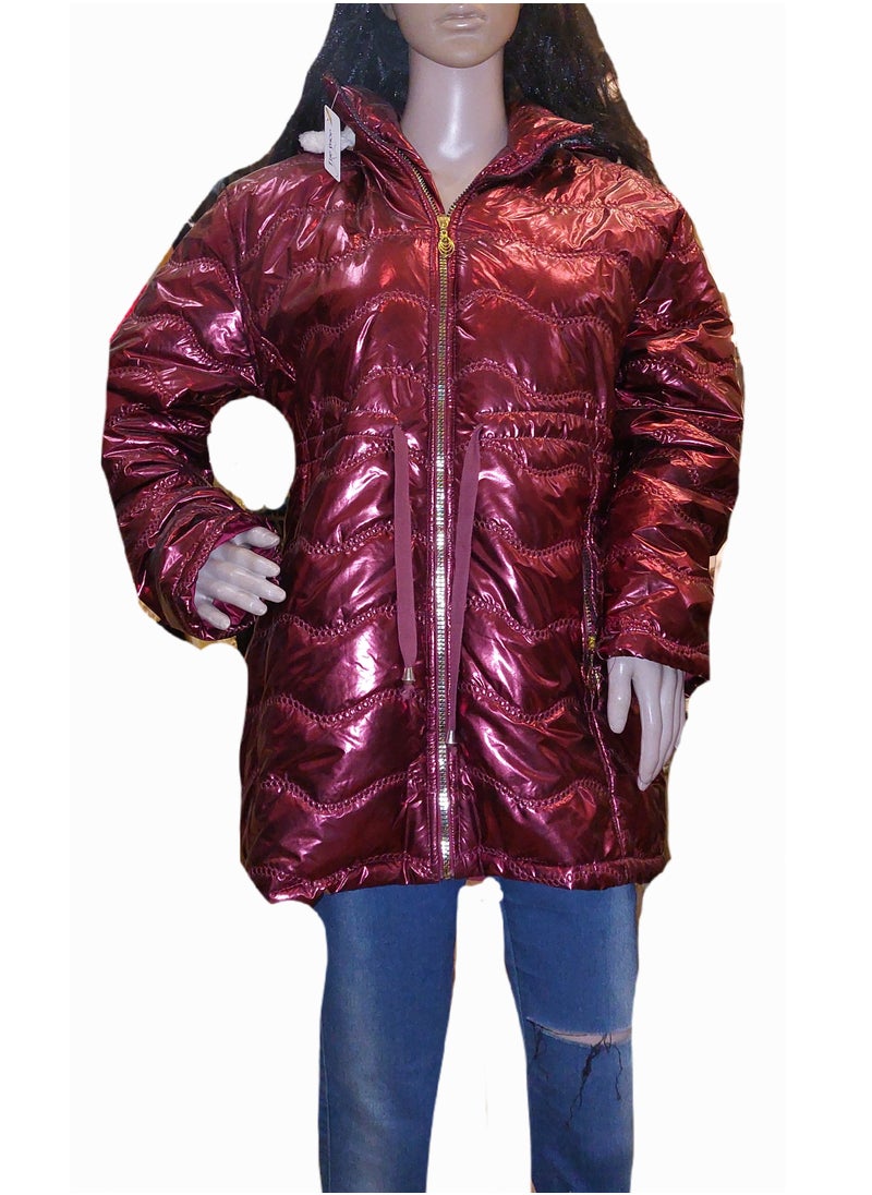 Generic - Women metallic burgundy pump bomber jacket for winter with hoodie - Image 1