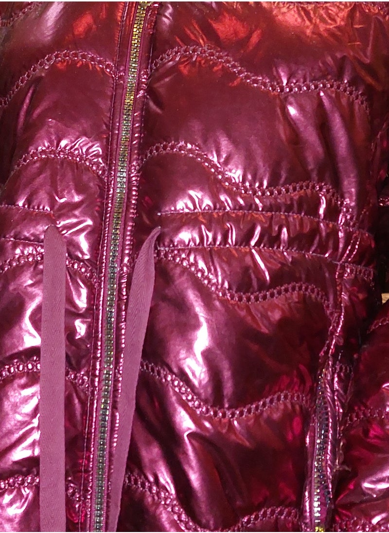 Generic - Women metallic burgundy pump bomber jacket for winter with hoodie - Image 1