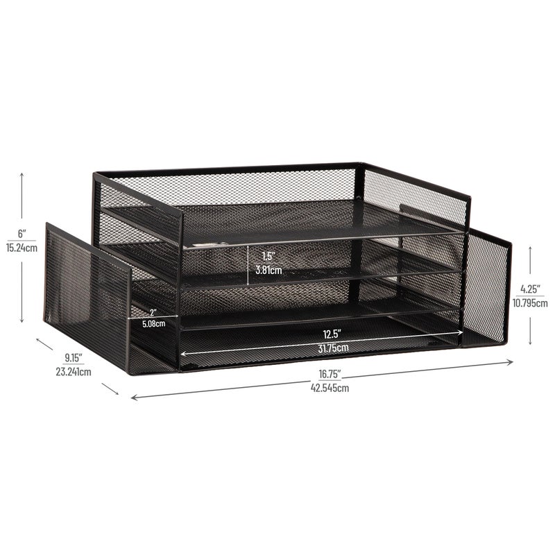 Mind Reader Desktop Organizer, File Storage, Paper Tray, Workspace, Office, Metal Mesh, 16.75"L x 9.15"W x 6"H, Black - Image 3