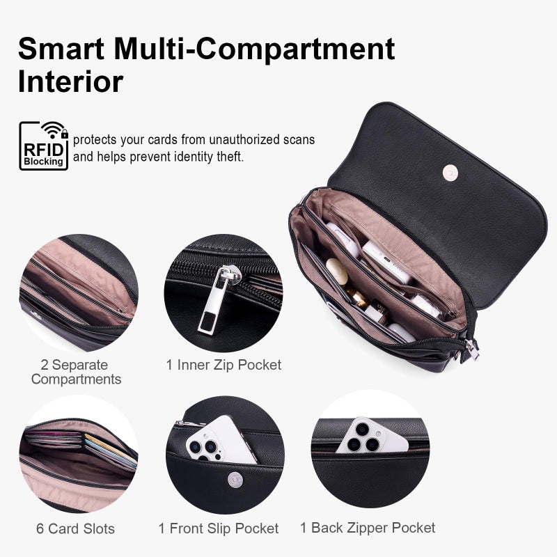 Lexiyat Crossbody Bags for Women Vegan Leather Travel Small Cell Phone Purse Rfid Shoulder Bag with 2 Straps Black - Image 4