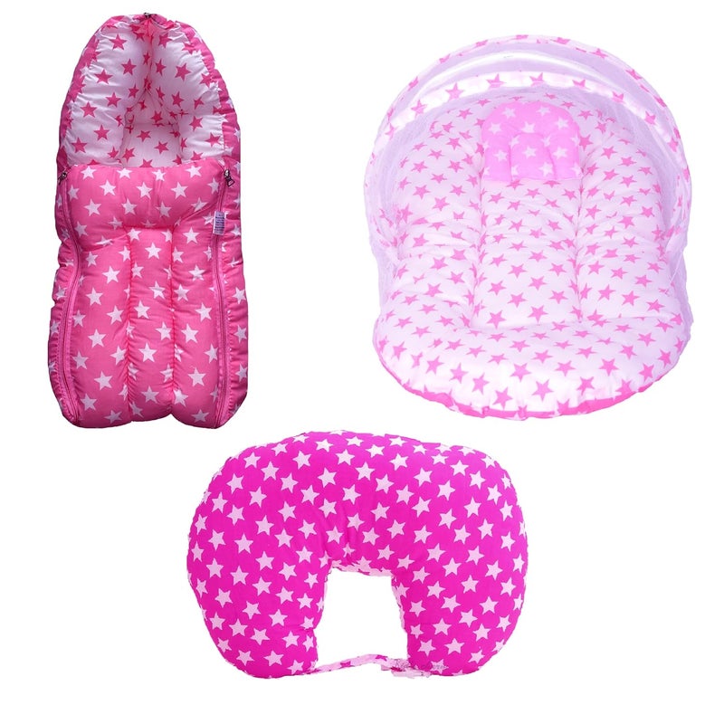 Kids Charm Star 3 PCS Combo Set 3 in 1 Babys Cotton Bed Cum Carry Bed6 in 1 Babys Cotton Feeding Pillow2 in 1 Babys Cotton Bed with Mosquito Net for 04 Months Pink