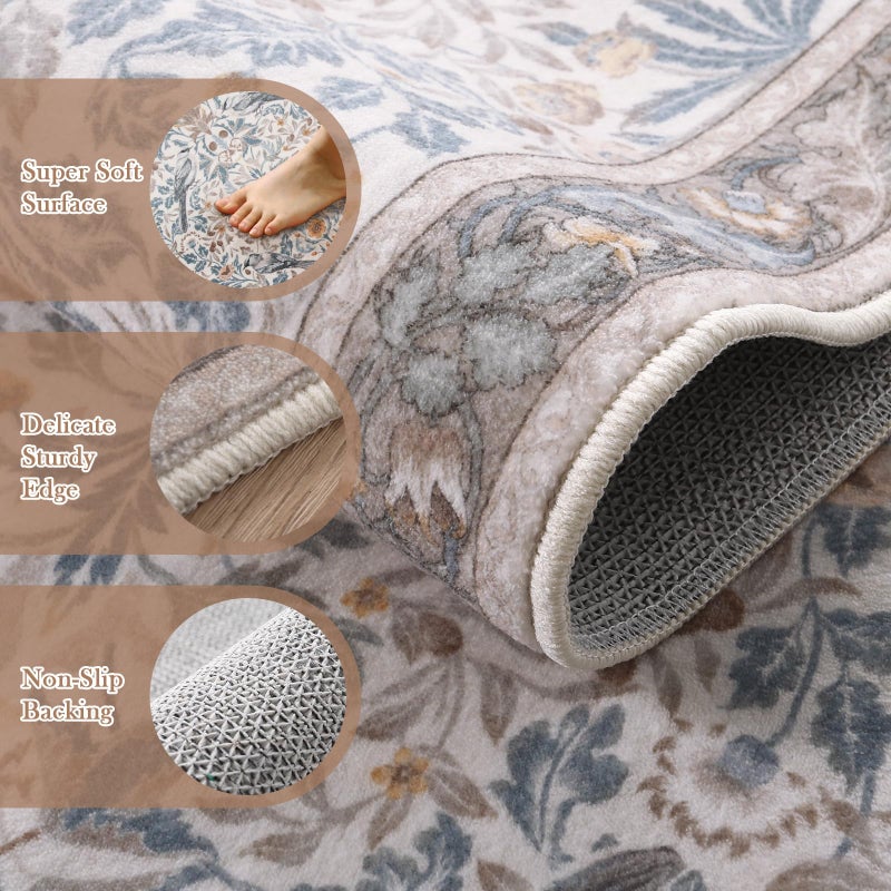 Morebes Boho Kitchen Ranner Rugs غير قابلة للانزلاق الأزهار الأزهار السجادة عداء البساط 8 قدم زهرة ناعمة زراعة داخلي رمي السجادة للدخول إلى غرفة نوم غرفة الغسيل بجانب غرفة الغسيل البيج - Image 2