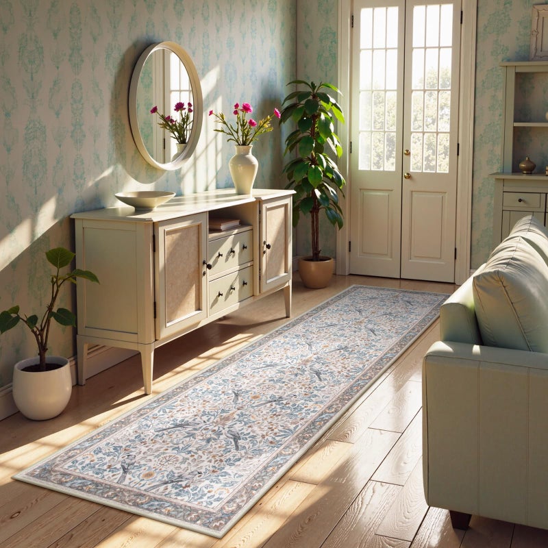 Morebes Boho Kitchen Ranner Rugs غير قابلة للانزلاق الأزهار الأزهار السجادة عداء البساط 8 قدم زهرة ناعمة زراعة داخلي رمي السجادة للدخول إلى غرفة نوم غرفة الغسيل بجانب غرفة الغسيل البيج - Image 1
