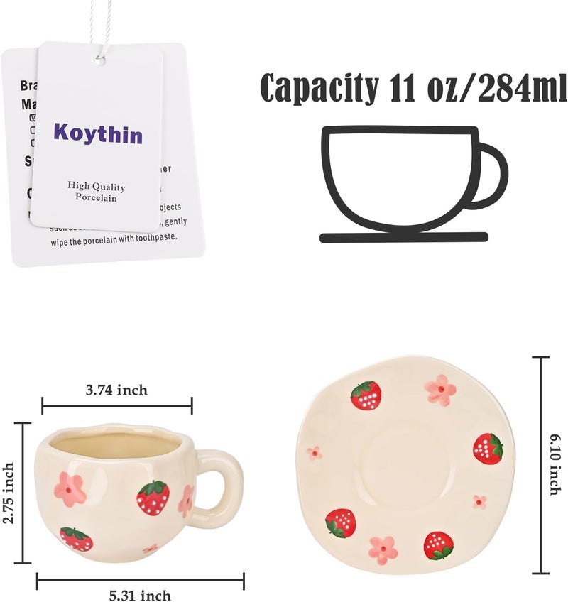 Koythin Ceramic Coffee Mug with Saucer Set, Cute Strawberry Flower Cup Unique Irregular Design for Office and Home, 10 oz/300 ml for Latte Tea Milk - Image 2