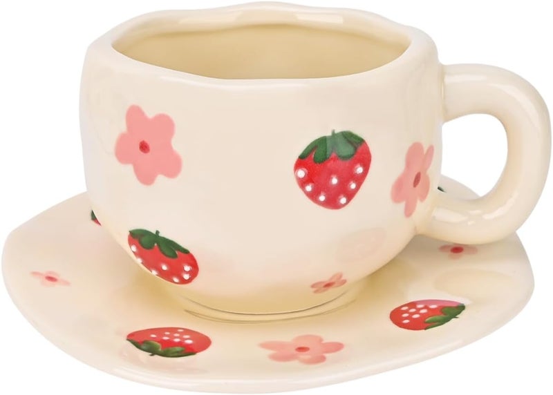 Koythin Ceramic Coffee Mug with Saucer Set, Cute Strawberry Flower Cup Unique Irregular Design for Office and Home, 10 oz/300 ml for Latte Tea Milk - Image 1