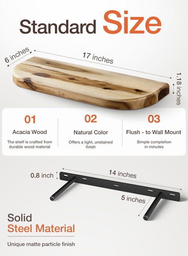 BATODA 17" Acacia Wood Floating Shelves Wall Mounted (Round Edge) – Rustic Farmhouse Wooden Wall Storage Shelf for Bedroom, Kitchen - Brackets and Shelving Hardware Included - Image 2